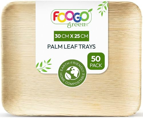 FOOGO Green 50 Bandejas Hoja de Palma Grandes 30x25cm Desechables Pizza | Biodegradables, Compostables, Pizza, entrantes, canapés y charcutería, Como bandejas de madera, Resistentes, Ecológicas