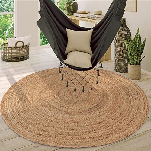 Paco Home Teppich Rund Wohnzimmer Jute Boho Ethno Muster Modern Handgefertigt Naturteppich, Grösse:160 cm Rund, Farbe:Natur 3