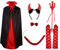 6 accessori per costume da diavolo, cerchietto da corno, papillon, coda, forca, guanti lunghi rossi e mantello da diavolo, vampiro, Halloween