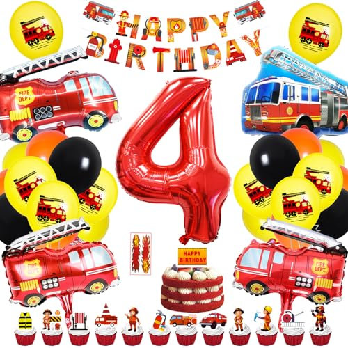 48 Stück Feuerwehr Deko Kindergeburtstag, Feuerwehr Geburtstag Deko 4 jahre Junge, Feuerwehr Luftballons 4 Kindergeburtstag, Feuerwehr Deko 4. Geburtstag Junge, Happy Birthday Deko für Feuerwehr Party