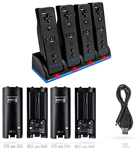 Baterías de 2800 mAh para Controlador de Wii, Base de Carga 4 en 1, estación de Carga con 4 baterías Recargables e Indicadores LED para Control Remoto de Wii (Negro)