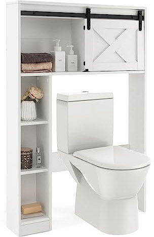 COSTWAY Mobile Salva Spazio Sopra WC, Organizzatore del Bagno in Legno con Porta e 3 Ripiani di Stoccaggio, per Bagno Lavanderia, 84x17x128 cm (Bianco)