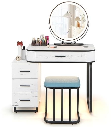 RELAX4LIFE Dressing Table Set, Cosmetic Makeup Table with Wireless Charging Station, 3-Color LED Mirror, Cushioned Stool and 4 Drawers, Wooden Vanity Dresser Desk for Women Girls (White Table)