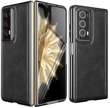 Foluu Lederhülle für Honor Magic V2 2023 - Ultradünne Slim PU Leder + Harte PC Rückseite Stoßstange, Plating Rahmen, Front Eingebauter Displayschutz, Langlebige Schutzhülle (Schwarz)