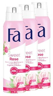 FA Deospray Sweet Rose (3x 150ml), Deodorant mit dem süßen Duft von Pfingstrose & Himbeere, Vegane Formel, stoppt Bakterien, ohne Aluminiumsalze, bis zu 48h Anti-Transpirant-Schutz