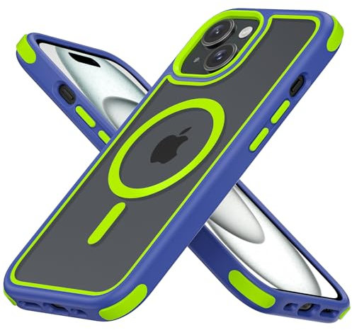 MobNano Magnética Funda iPhone 15 [Compatible con MagSafe] [10FT Protección] Antigolpes Transparente Capa Silicona Bumper Carcasa para iPhone 15 Case Protectora Funda - Azul/Amarillo-Verde