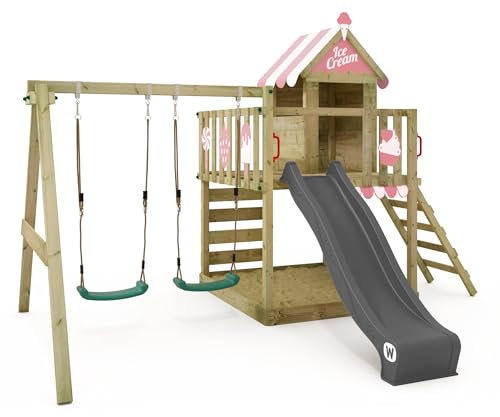 WICKEY Aire de Jeux Smart Candy portique en Bois avec bâche & balançoire et Toboggan, Tour d'escalade pour Enfants avec bac à Sable, échelle et Accessoires de Jeu pour Le Jardin - Rose Pastel