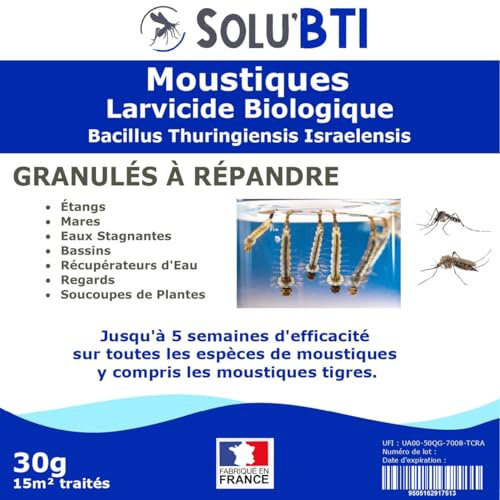 SOLUBTI - Anti Moustiques - 30 gr de Larvicide BIOLOGIQUE- BTI - Bacillus Thuringiensis - pour traiter 15 m² - Produit FRANCAIS - Efficace même sur les larves du moustique tigre !!!