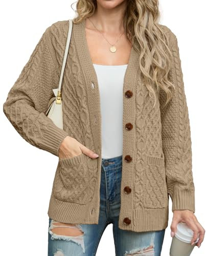 GRECERELLE Womens Cardigans Knit Ladies Long Sleeve Button Down Oversized Aran Cable Knitted Jumper Cardigan Knitwear with Pockets (Khaki,XL)