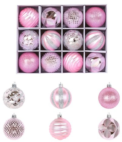 LEMONSTONE Weihnachtskugeln, 12 Stück 6 cm Plastik Christbaumkugeln Set, Weihnachtsbaumkugeln mit Aufhänger, Weihnachtskugeln für Weihnachtsdeko Weihnachtsbaumschmuck Innen Aussen, Rosa