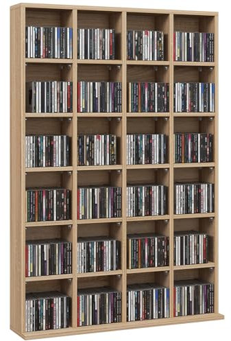 HOMCOM 480 CD/ 312 DVD Storage Unit, Media Storage Shelf, Wooden Display Unit with Adjustable Shelves, 89 x 130.5 cm, Nature Wood Finish