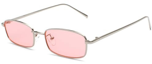 RUNHUIS Retro Klassische Kleine Rechteck Sonnenbrille Damen Herren Vintage Schlanke Rechteckige Metallrahmen Brille Silber/Rosa