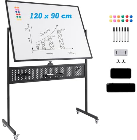 COSTWAY Double Sided Magnetic Whiteboard, Adjustable Mobile Revolving Board with Magnets, Pens & Eraser, Standing Dry Wipe Writing Whiteboard for Home Office School (120 x 90 CM, Black, with Pegboard)