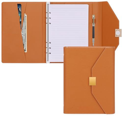 A5 Leder Nachfüllbar Ringbuch mit Magnetschnalle - 6 Ringe Binder mit Nachfüllpapier und Karte, Stiftschacht - Leder Planer Notizbuch mit Hardware Magnetic Schließen, Ringbuch-Braun (Braun)