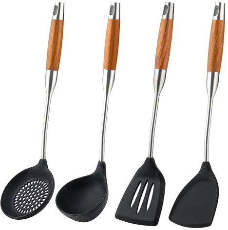 FJNATINH Silicone Wok spachtel,Skimmer,Slotted Spatula und Löffelset, Silikon, rostfreier Stahl und Holzgriff in einem! für die Küche, leicht zu reinigen und spülmaschinenfest, für Hobbyköche