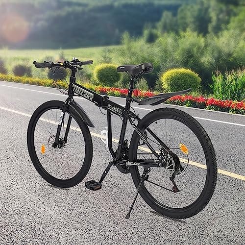 26 Zoll 21-Gang Mountainbike Fahrrad Unisex Faltrad Scheibenbremse Fahrrad Kohlenstoffstahl Faltbares Faltrad Fahrräder Klapprad Fahrrad Leichtgewicht mit Federung MTB Schutzblechsatz Schwarz +