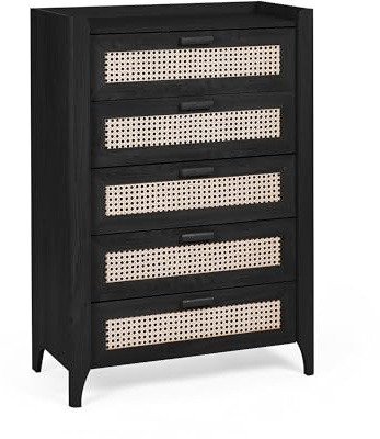 Julian Bowen Sydney Chest of Drawers, 5 Drawer, Black - H114 x W80 x D41cm | Faux Rattan Effect Sticker Front, Modern Drawer Storage Organiser, 5 Drawers, Dresser for Bedroom, Living Room & Hallway