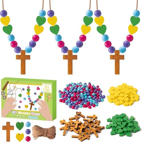 Haooryx Holzkreuz-Halskettensatz Bastelkit - 24 Stück Ostern Religions-Set, Holzkreuz, Farbenfrohe Perlen, DIY Aktivität Für Kinder, Sonntagsschule, Klassenfest, Christliche Geschenke