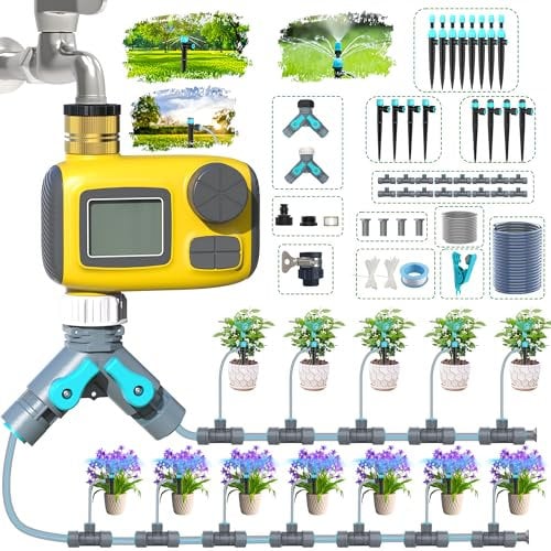 TRJZWA Sistema di Irrigazione Computerizzato Irrigazione a Goccia Programmabile, Kit di Irrigazione Automatica Temporizzata IP55 Impermeabile Sistema di tTimer di Irrigazione Digitale con Display LCD