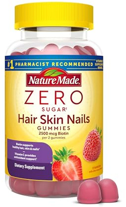 Nature Made Zero Sugar Hair Skin Nails Gummies, Biotin 2500 mcg per Serving, 120 Sugar Free Gummies, 60 Day Supply