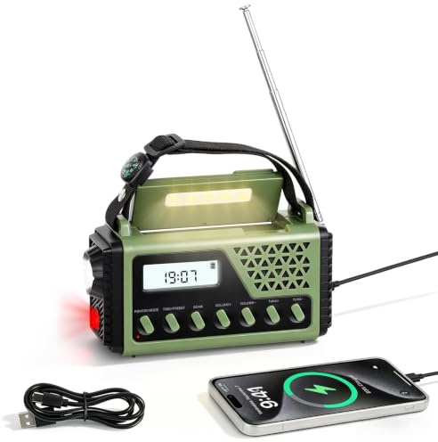 PopuLike 8000mAh Wind Up Emergency Radio for Home Outdoor Camping, Green | Solar Hand Crank Radio with LCD Display AM FM SW BT, SOS Alarm Reading Lamp Torch Headphone Jack