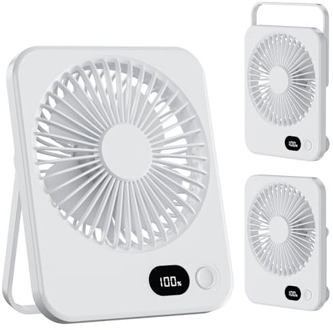 USB Desk Fan, Portable 2000mAh Rechargeable Table Fan, 5 Speeds, LED Display, 4-10H Quiet Runtime, 180° Adjustable Mini Desktop fan for Office, Bedroom, Home, Travel(White)
