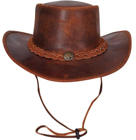 URBAN 5884 Cowboyhut aus echtem Leder, Western-Hut aus Rindsleder mit Verstellbarer Krempe und Kinnriemen - Kastanie, S