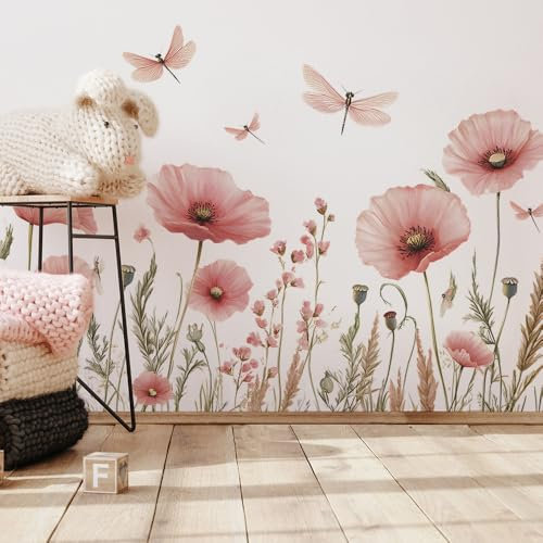 Stickers Muraux Coquelicot Aquarelle, Autocollants Muraux Libellules Fleurs Roses, Décoration Murale pour Chambre Salon Salle de Bain
