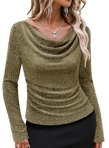 Gaharu Glitzer Bluse Damen Festlich: Langarm Damen Bluse mit Wasserfallkragen - Elegante Kleidung für Silvester - Glitzer Festliche Tops