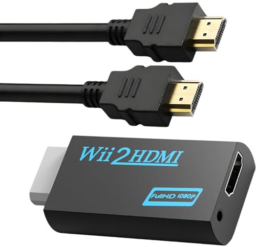 Adattatore Wii HDMI per TV, Full HD 720/1080P, convertitore audio video con audio da 3,5 mm + cavo da 1,5 m, compatibile con TV, monitor e proiettore, supporta NTSC/PAL 480i/480p/576i/720p/1080p, nero