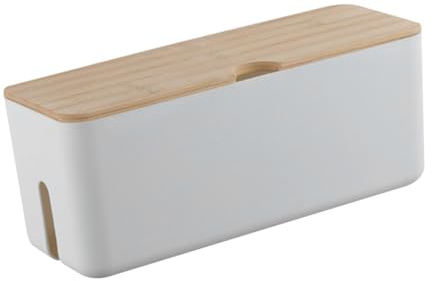 OFFIGAM Plastic Cable Organizer Box with Bamboo Lid Wall-mounted Power Line Storage Container for Home and Office Capacity Cord Manager for Charging Cables and Socket Wires Easy Use with