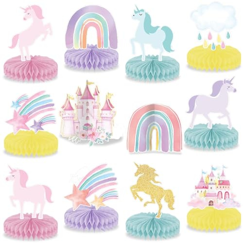 ZenithAura 12 Stück Einhorn Regenbogen Waben Tischdekoration Magische Pastellfarben Einhorn Party Deko Pastell Regenbogen Burg Tischdekoration Mittelpunkt für Mädchen
