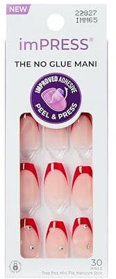 KISS imPRESS Lot de 30 faux ongles à presser sans colle, motif « Happy World », rouge, taille moyenne, forme cercueil, comprend 30 ongles, tampon de préparation, feuille d'instructions (français non