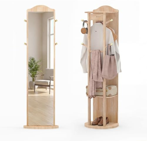 COSTWAY Miroir sur Pied, Grand Miroir avec Porte-Manteau, Base Pivotante à 360°, Cadre en Bois Massif, 2 Étagères de Rangement, 4 Crochets, Barre, pour Chambre Salon (48 x 48 x 168 cm,Naturel)