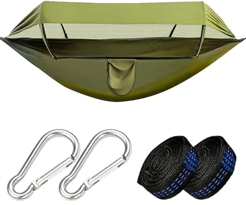 Hamaca con mosquitera de material de nailon, plegable para exteriores con 2 mosquetones, 2 correas de nailon y tela de toldo, resistente a la intemperie, protección contra insectos, protección solar