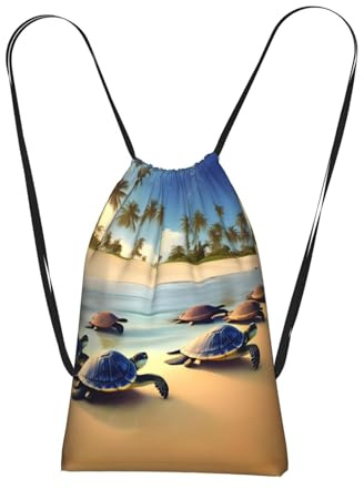 CNTDBU Turtles on the beach Foldable Drawstring Backpack Light Lightweight Packable Reusable Shopping Bag for Travel Compact Pocket Sling Backpack for Camping Gym