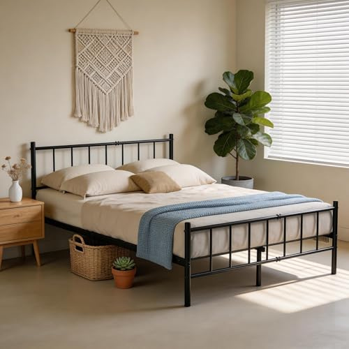 Froadp Metallbett 140x200 cm Bettrahmen mit Lattenrost, Stabiles Doppelbett aus Metall Schwarz, Minimalistisches Bettgestell für Schlafzimmer, 32cm Höhe unter dem Bett, 250 kg Belastbarkeit