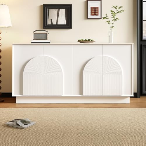 Azkoeesy Credenza Bianca 160 cm con 4 Ante Curve, Multifunzione, Mobile TV, Buffet e Mobile Cucina, Ideale per Soggiorno e Sala da Pranzo, GL3189W