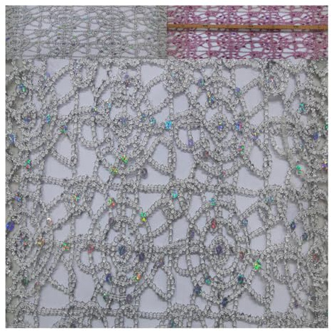 Fabrics-City silber/weiß exklusive Lurex-Spitze Hologramm Pailletten Stoff, Stretchspitze, Brautspitze, Lochspitze, Tüllspitze für Nähen, Basteln und Kostüme, elastischer Spitzenstoff, 3999
