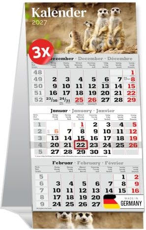 PRIMUS PRINT 3x Tischaufstellkalender 2027-3 Monatskalender zum Aufstellen | Tischkalender, Schreibtischkalender, Stehkalender - 95x194mm, 70g Naturpapier, Inklusive Datumsschieber [Motiv - Erdmännchen]