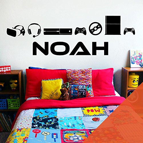 Personalised Name Boys Bedroom Wall Art Sticker - Gamers, Gaming, Game Consoles [Large] [Orange]