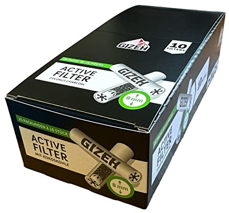 Gizeh 18413 Active Tips-8 mm Aktivkohlefilter mit Keramikkappen-25 Boxen x 10 Filter, Aktivkohle