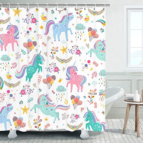 LIVILAN Einhorn-Duschvorhang-Set mit 12 Haken, buntes Mädchen-Baby-Stoff-Badvorhang, süßes Cartoon-Tier, moderne Badezimmer-Dekoration, weiß, maschinenwaschbar (weiß, 182,9 x 182,9 cm)
