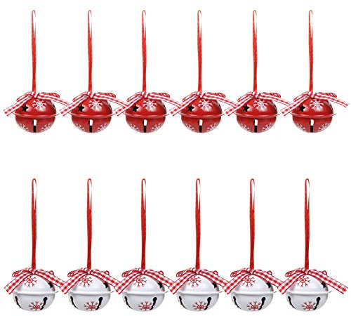 LIHAO 12 Stück Glöckchen Schneeflocken Weihnachtsbaumschmuck Weihnachten Deko Schmuck Weihnachtsbaum Anhänger Glocken Schellen Rot&Weiß