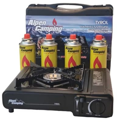 ALPEN CAMPING Réchaud à gaz portable + 4 cartouches de gaz + coffret de réchaud de camping 2 fonctions