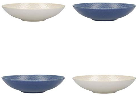 KitchenCraft - Assiettes Creuses en Grès Émaillé, Livrés dans un Coffret Cadeau, 22 cm, Lot de 4, Motif Texturé, Bleu / Beige