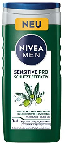 NIVEA MEN Sensitive Pro Pflegedusche (250 ml), pH-hautfreundliche Duschgel mit beruhigendem Hanfsamen-Öl, feuchtigkeitsspendende Cremedusche für Körper, Gesicht und Haar