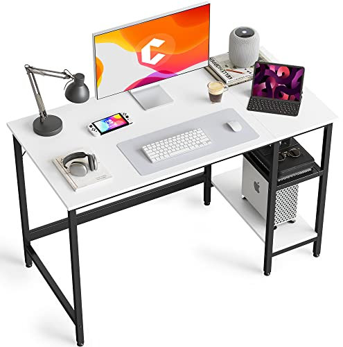 CubiCubi Schreibtisch, Computertisch mit 2 Ablagen auf der rechten oder linken Seite, 120 x 60 cm PC Tisch, Bürotisch fürs Büro Wohnzimmer, Stabil Stahlgestell Industrie-Design, Weiß