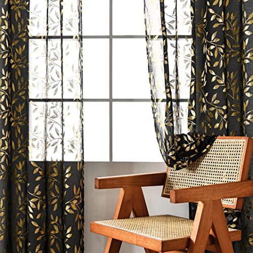 Sutuo Home Black Sheer Curtains 84 Inches Long 2 Panels Set, Luxury Gold Foil Printed Metallic Bronzing Vine Leaves, Privacy Window Treatment Decor Drape Pair for Bedroom Dinning Room, 52 W x 84 L