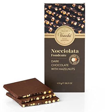Venchi - Maxi Tablette de Chocolat noir 60% aux noisettes du Piémont IGP entières, 800 g - Sans gluten - Végétalien